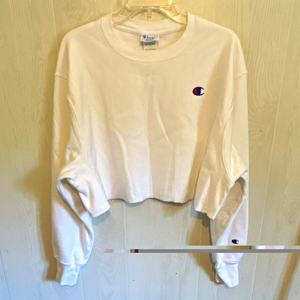 Champion Womens L White Cropped Crewneck Fleece Logo Sweatshirt